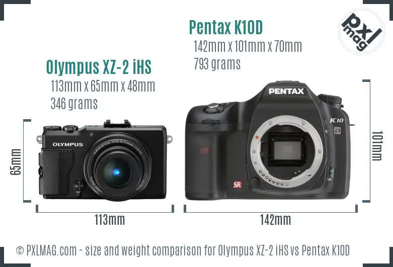 Olympus XZ-2 iHS vs Pentax K10D size comparison