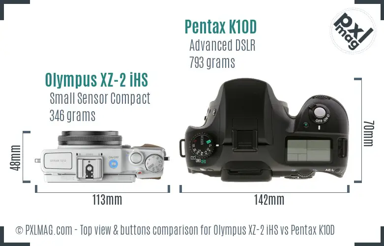 Olympus XZ-2 iHS vs Pentax K10D top view buttons comparison