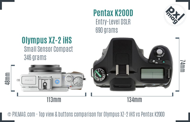 Olympus XZ-2 iHS vs Pentax K200D top view buttons comparison