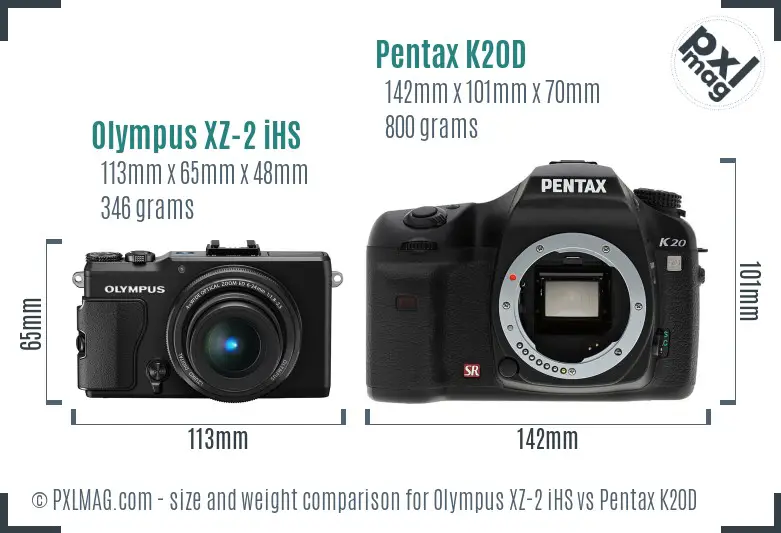 Olympus XZ-2 iHS vs Pentax K20D size comparison