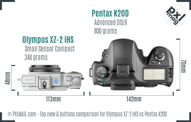 Olympus XZ-2 iHS vs Pentax K20D top view buttons comparison