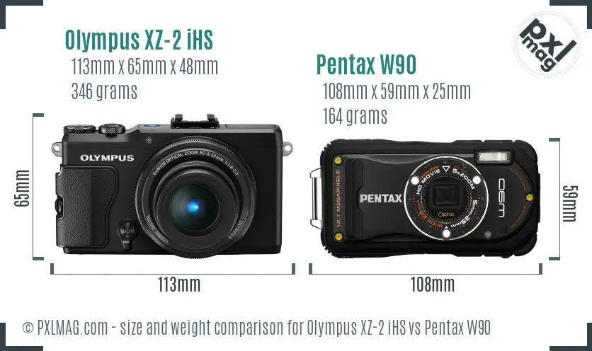 Olympus XZ-2 iHS vs Pentax W90 size comparison