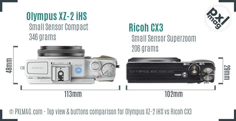Olympus XZ-2 iHS vs Ricoh CX3 top view buttons comparison