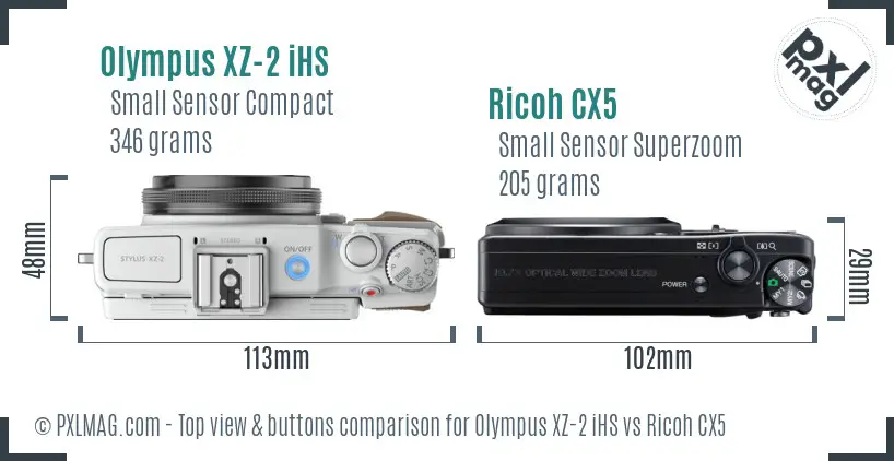 Olympus XZ-2 iHS vs Ricoh CX5 top view buttons comparison