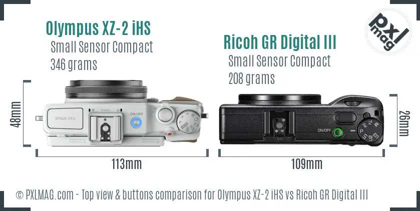 Olympus XZ-2 iHS vs Ricoh GR Digital III top view buttons comparison
