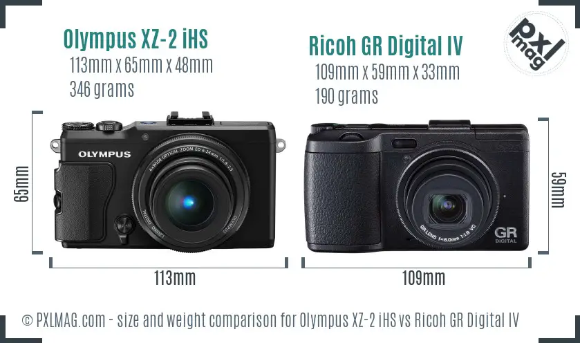 Olympus XZ-2 iHS vs Ricoh GR Digital IV size comparison
