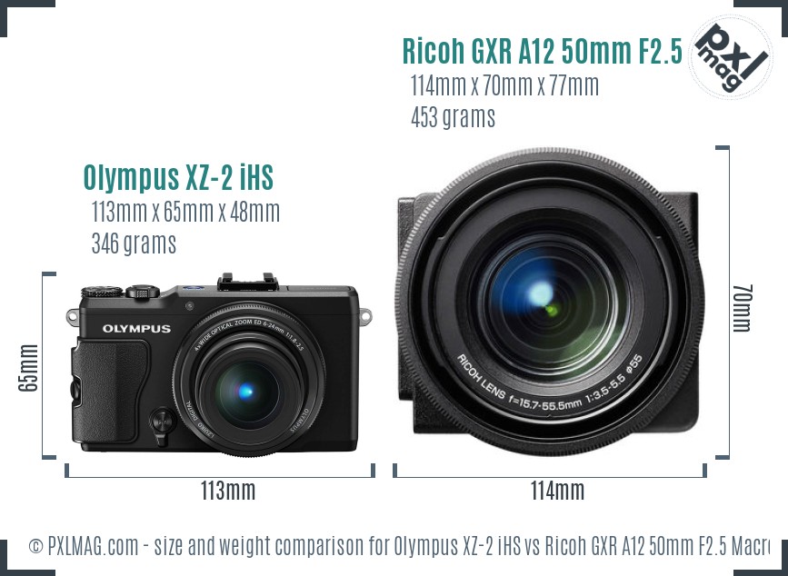 Olympus XZ-2 iHS vs Ricoh GXR A12 50mm F2.5 Macro size comparison Olympus XZ-2 iHS vs Ricoh GXR A12 50mm F2.5 Macro size comparison