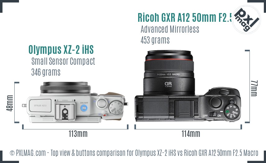 Olympus XZ-2 iHS vs Ricoh GXR A12 50mm F2.5 Macro top view buttons comparison