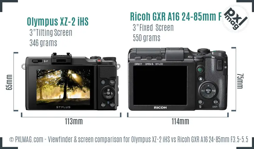 Olympus XZ-2 iHS vs Ricoh GXR A16 24-85mm F3.5-5.5 Screen and Viewfinder comparison