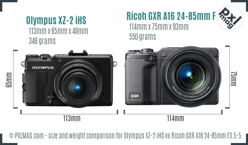 Olympus XZ-2 iHS vs Ricoh GXR A16 24-85mm F3.5-5.5 size comparison Olympus XZ-2 iHS vs Ricoh GXR A16 24-85mm F3.5-5.5 size comparison