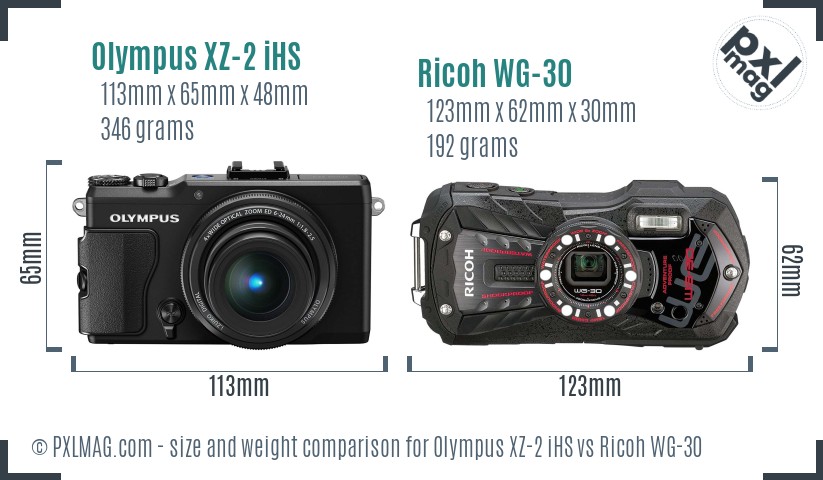 Olympus XZ-2 iHS vs Ricoh WG-30 size comparison