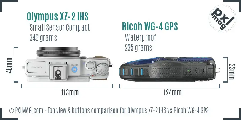 Olympus XZ-2 iHS vs Ricoh WG-4 GPS top view buttons comparison Olympus XZ-2 iHS vs Ricoh WG-4 GPS top view buttons comparison