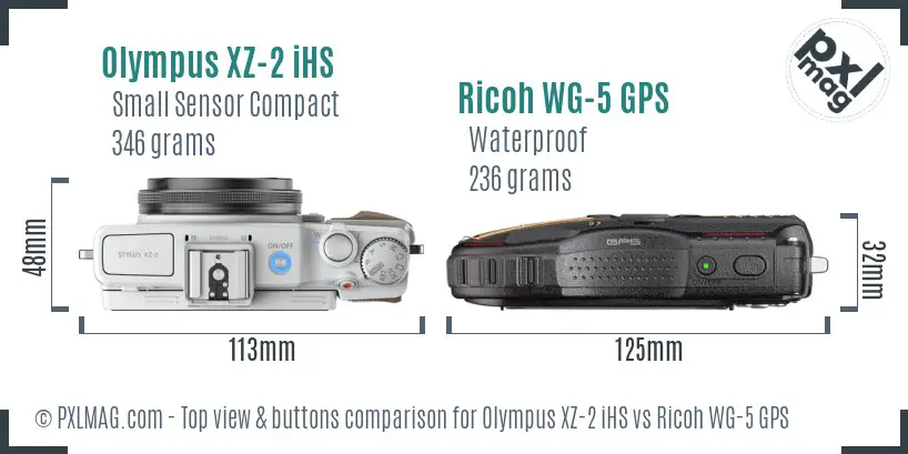 Olympus XZ-2 iHS vs Ricoh WG-5 GPS top view buttons comparison