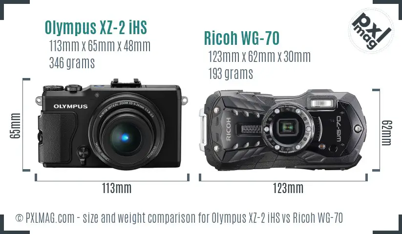 Olympus XZ-2 iHS vs Ricoh WG-70 size comparison