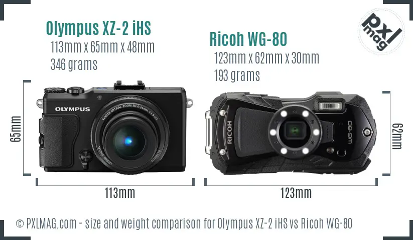 Olympus XZ-2 iHS vs Ricoh WG-80 size comparison