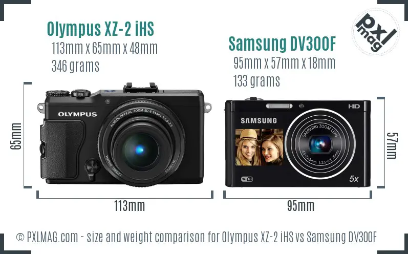 Olympus XZ-2 iHS vs Samsung DV300F size comparison