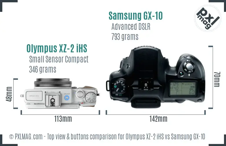 Olympus XZ-2 iHS vs Samsung GX-10 top view buttons comparison Olympus XZ-2 iHS vs Samsung GX-10 top view buttons comparison