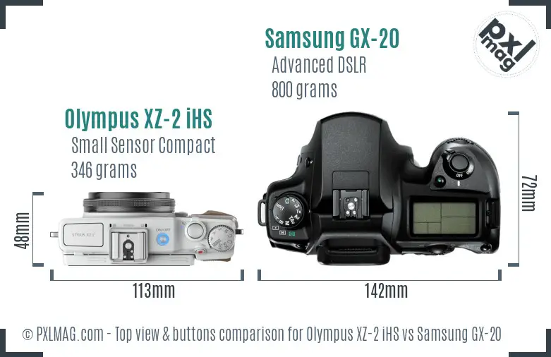 Olympus XZ-2 iHS vs Samsung GX-20 top view buttons comparison