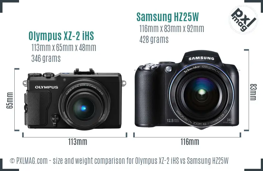 Olympus XZ-2 iHS vs Samsung HZ25W size comparison