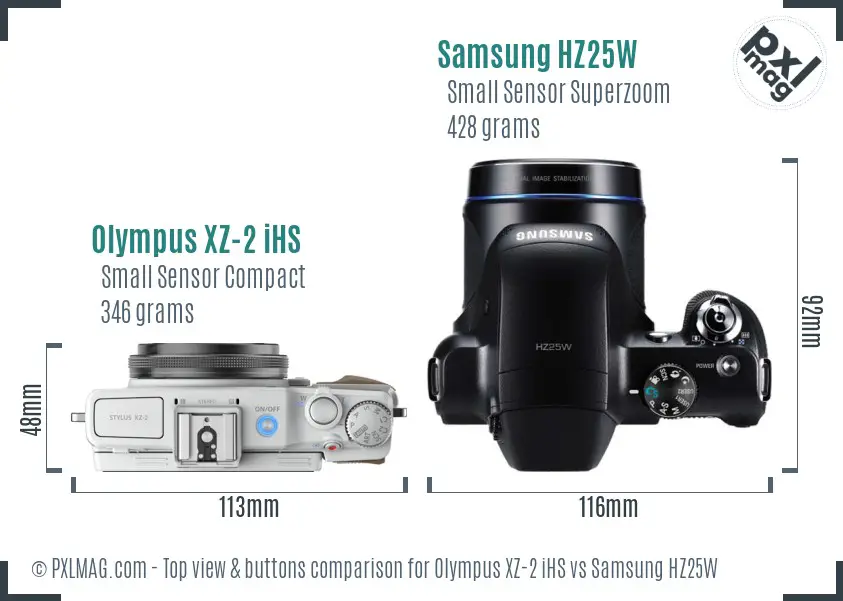 Olympus XZ-2 iHS vs Samsung HZ25W top view buttons comparison