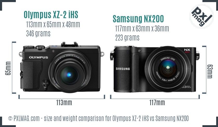 Olympus XZ-2 iHS vs Samsung NX200 size comparison Olympus XZ-2 iHS vs Samsung NX200 size comparison