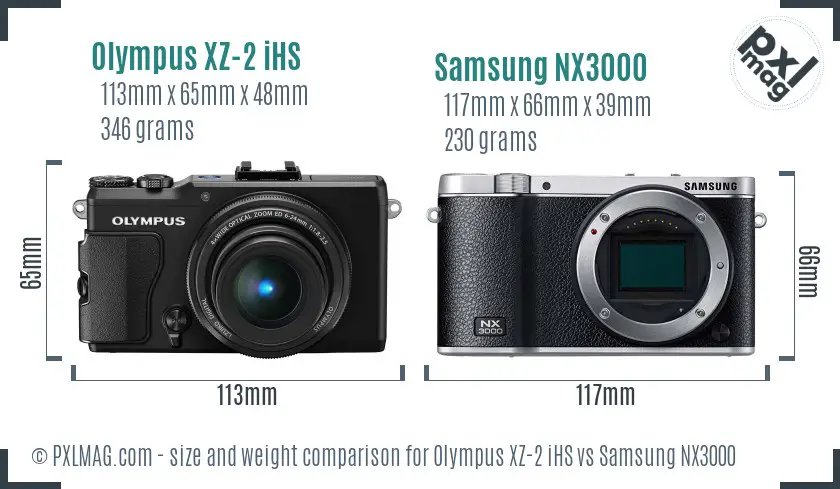 Olympus XZ-2 iHS vs Samsung NX3000 size comparison