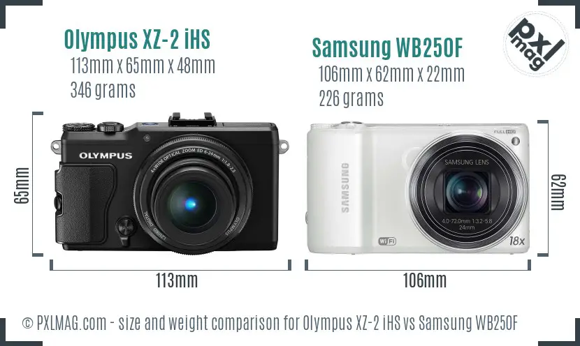 Olympus XZ-2 iHS vs Samsung WB250F size comparison Olympus XZ-2 iHS vs Samsung WB250F size comparison