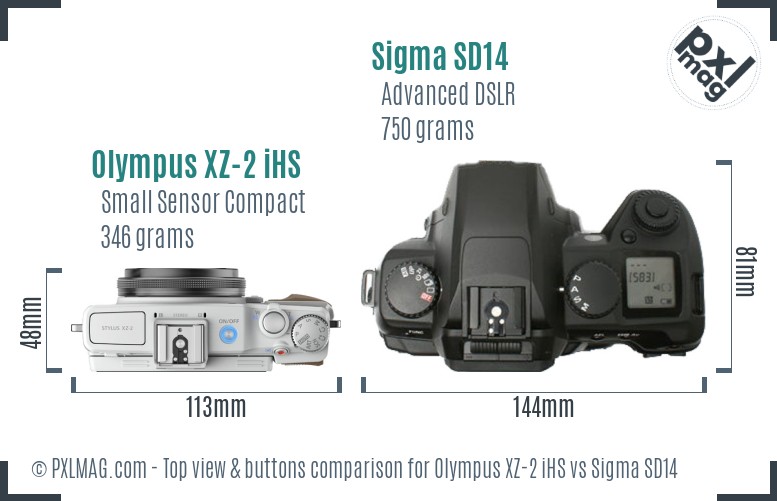 Olympus XZ-2 iHS vs Sigma SD14 top view buttons comparison