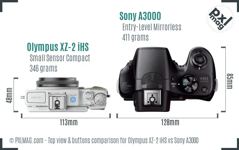 Olympus XZ-2 iHS vs Sony A3000 top view buttons comparison