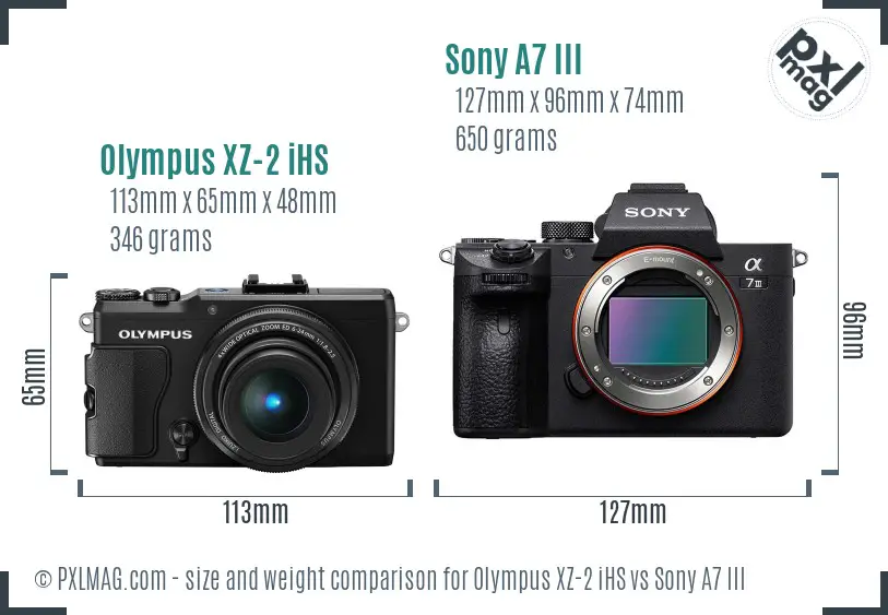 Olympus XZ-2 iHS vs Sony A7 III size comparison