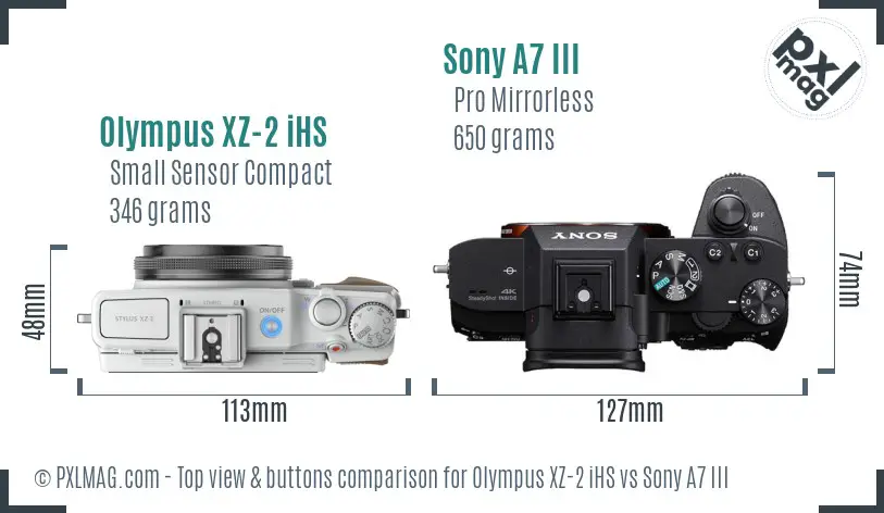 Olympus XZ-2 iHS vs Sony A7 III top view buttons comparison