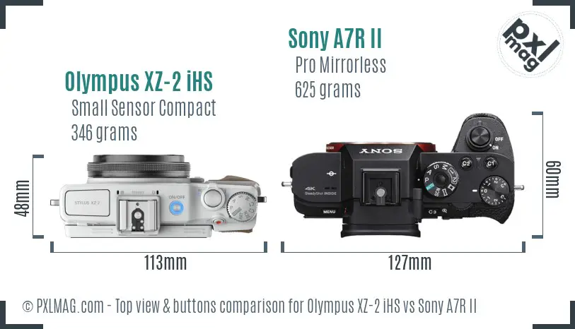 Olympus XZ-2 iHS vs Sony A7R II top view buttons comparison Olympus XZ-2 iHS vs Sony A7R II top view buttons comparison