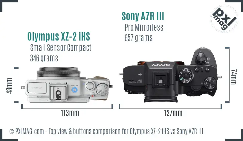 Olympus XZ-2 iHS vs Sony A7R III top view buttons comparison