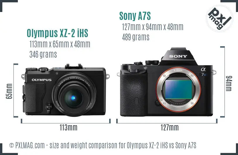 Olympus XZ-2 iHS vs Sony A7S size comparison