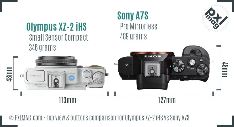 Olympus XZ-2 iHS vs Sony A7S top view buttons comparison