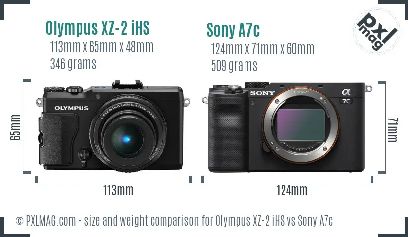Olympus XZ-2 iHS vs Sony A7c size comparison