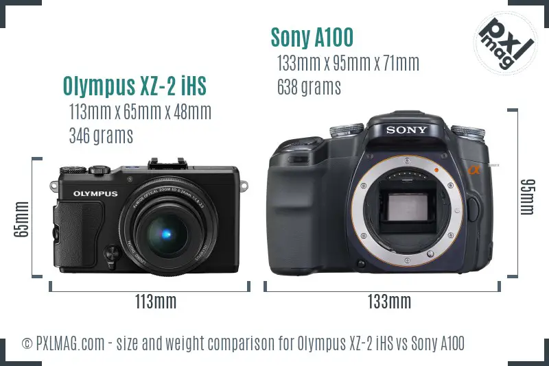Olympus XZ-2 iHS vs Sony A100 size comparison