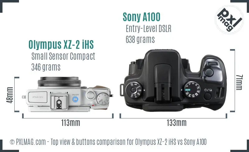 Olympus XZ-2 iHS vs Sony A100 top view buttons comparison