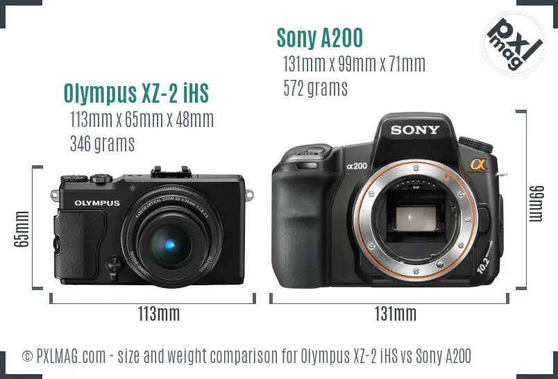 Olympus XZ-2 iHS vs Sony A200 size comparison