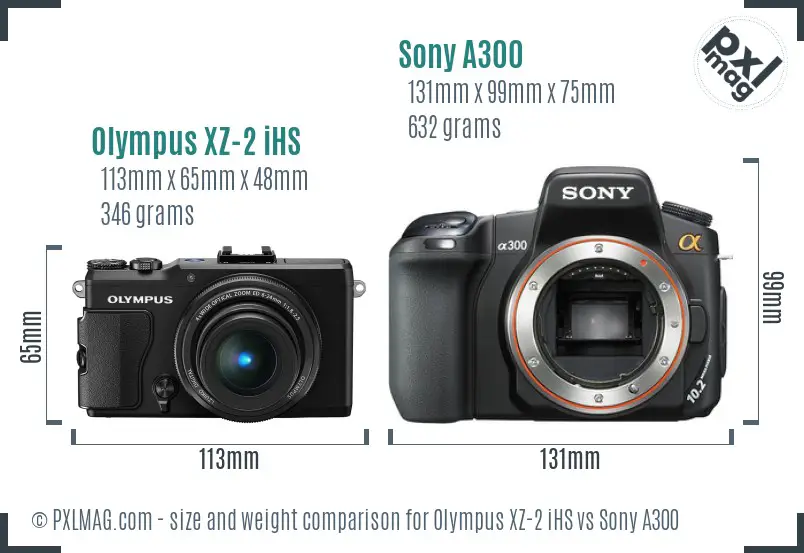 Olympus XZ-2 iHS vs Sony A300 size comparison