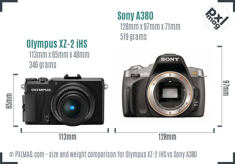 Olympus XZ-2 iHS vs Sony A380 size comparison