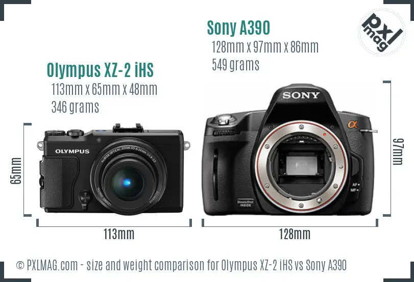 Olympus XZ-2 iHS vs Sony A390 size comparison