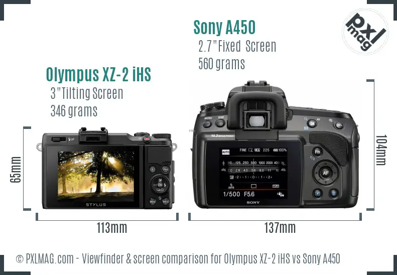 Olympus XZ-2 iHS vs Sony A450 Screen and Viewfinder comparison