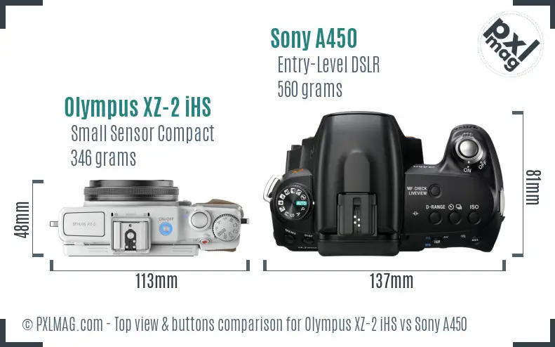 Olympus XZ-2 iHS vs Sony A450 top view buttons comparison