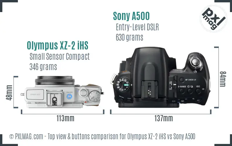Olympus XZ-2 iHS vs Sony A500 top view buttons comparison