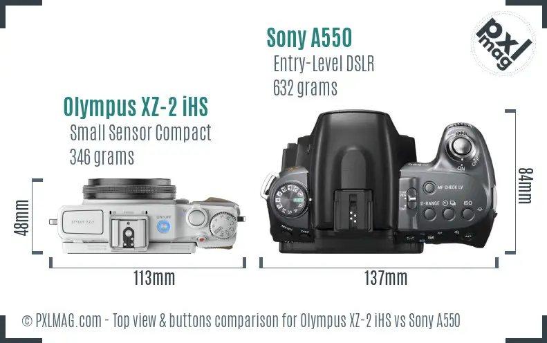 Olympus XZ-2 iHS vs Sony A550 top view buttons comparison