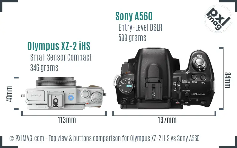 Olympus XZ-2 iHS vs Sony A560 top view buttons comparison