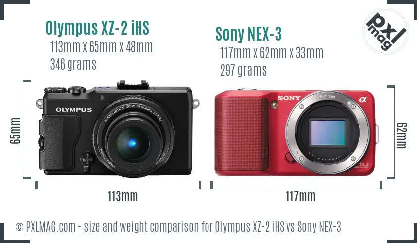 Olympus XZ-2 iHS vs Sony NEX-3 size comparison
