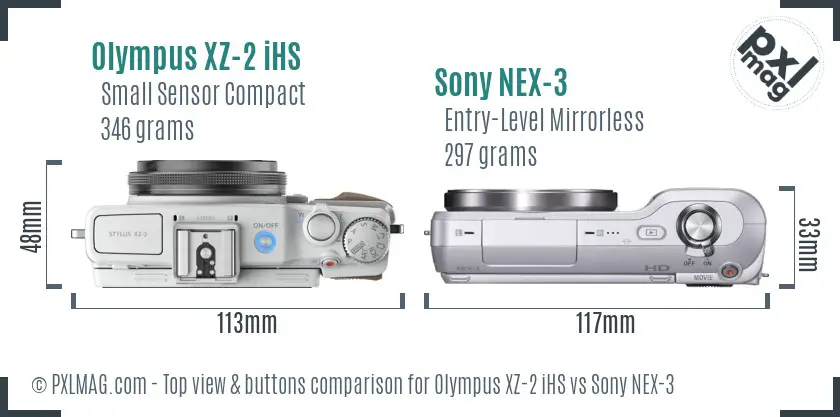 Olympus XZ-2 iHS vs Sony NEX-3 top view buttons comparison