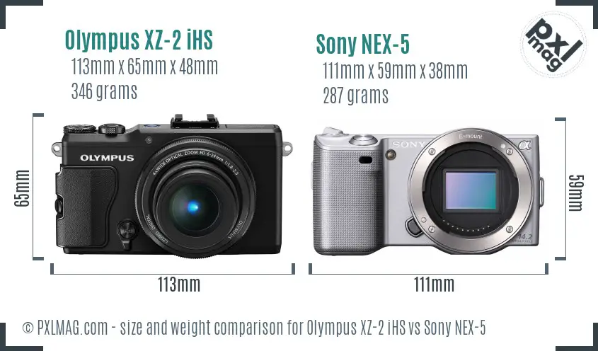 Olympus XZ-2 iHS vs Sony NEX-5 size comparison